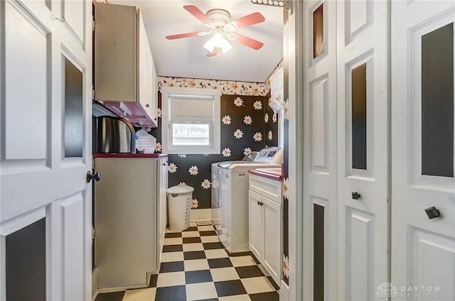 interior space featuring ceiling fan and washing machine and clothes dryer