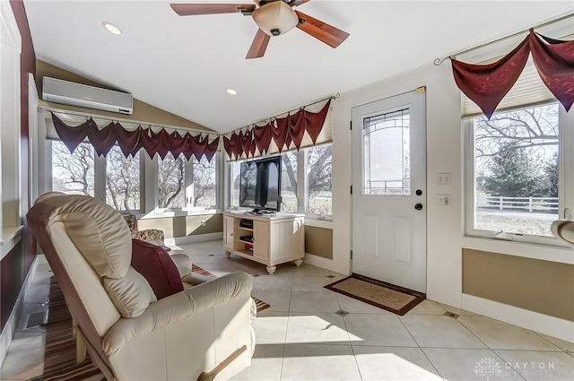 sunroom featuring an AC wall unit, ceiling fan, and lofted ceiling