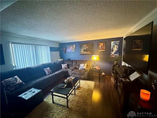 living room with hardwood / wood-style flooring, crown molding, and a textured ceiling