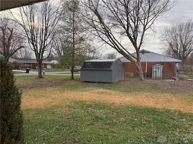 view of yard featuring a storage unit