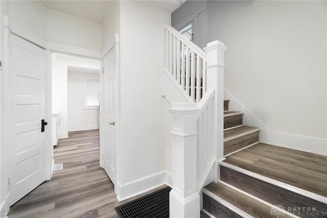 stairs with hardwood / wood-style flooring and a healthy amount of sunlight