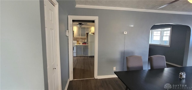 office area featuring ornamental molding, a textured ceiling, ceiling fan, and dark wood-type flooring