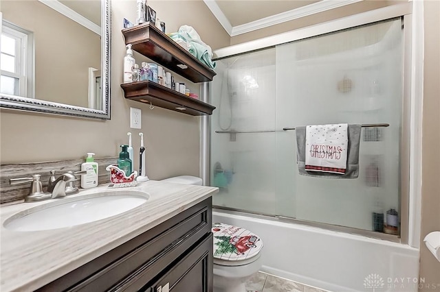 full bathroom featuring vanity, toilet, crown molding, and enclosed tub / shower combo