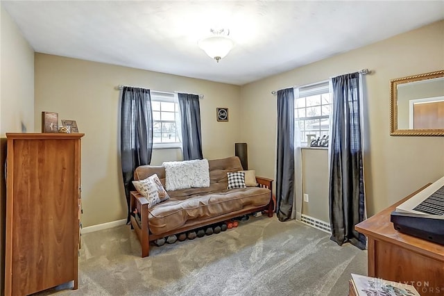 living area featuring light colored carpet