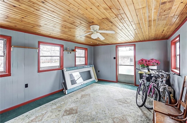 miscellaneous room featuring ceiling fan and wooden ceiling