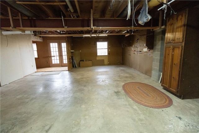 basement featuring a wealth of natural light and french doors