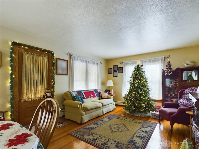 living room with wood-type flooring, a textured ceiling, a baseboard radiator, and a wealth of natural light