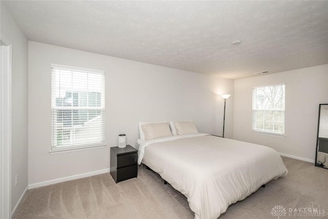 bedroom with light carpet, a textured ceiling, and multiple windows