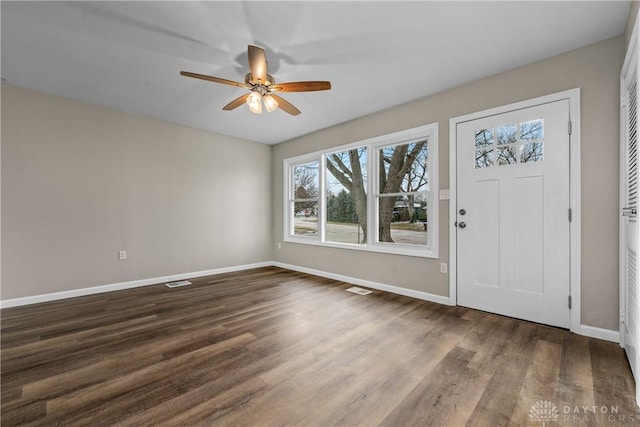 entryway featuring ceiling fan and dark hardwood / wood-style flooring