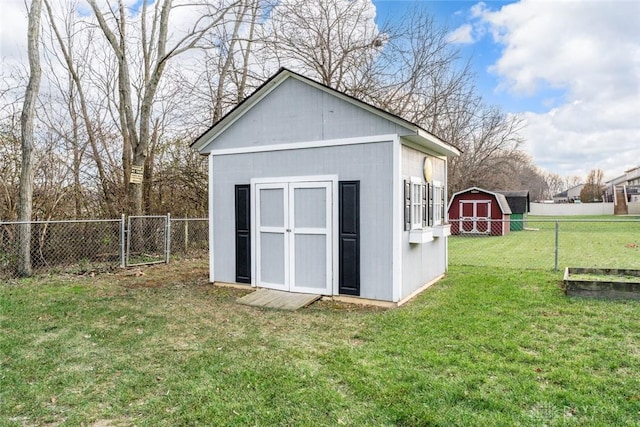 view of outdoor structure with a lawn