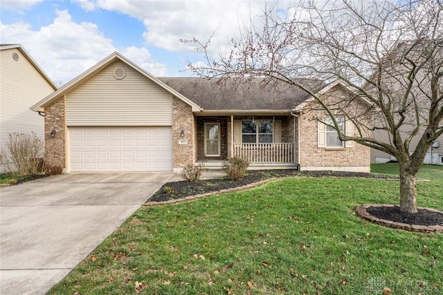 ranch-style home featuring covered porch, a garage, and a front lawn