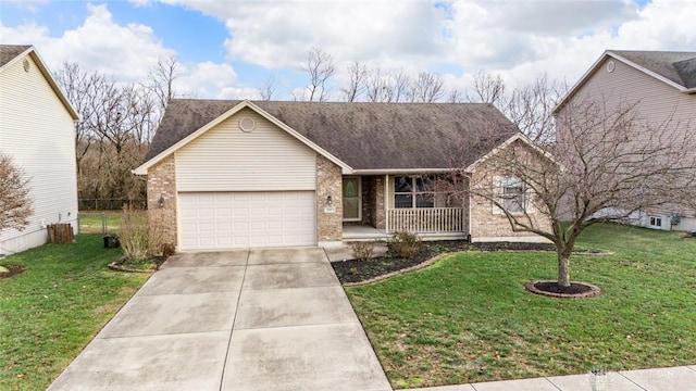 single story home with covered porch, a garage, and a front lawn