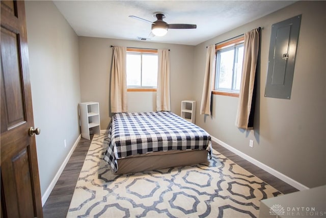 bedroom with ceiling fan, dark wood-type flooring, electric panel, and multiple windows