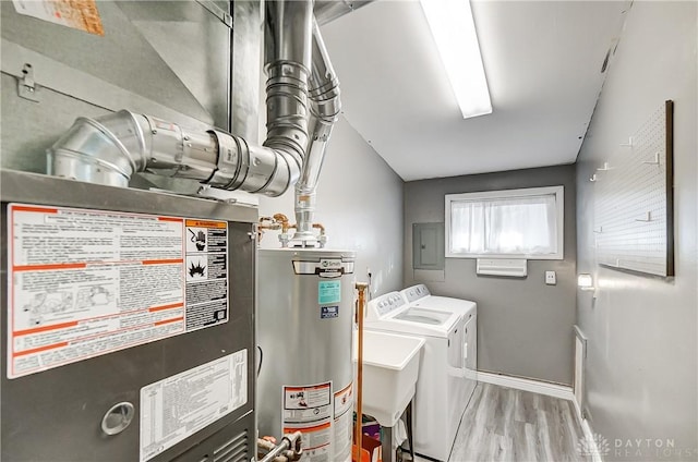utility room with water heater, washer and clothes dryer, electric panel, and a sink