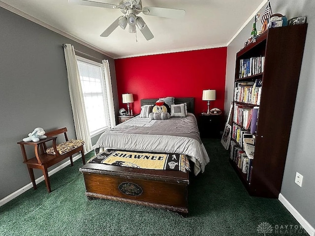 carpeted bedroom with ceiling fan and crown molding