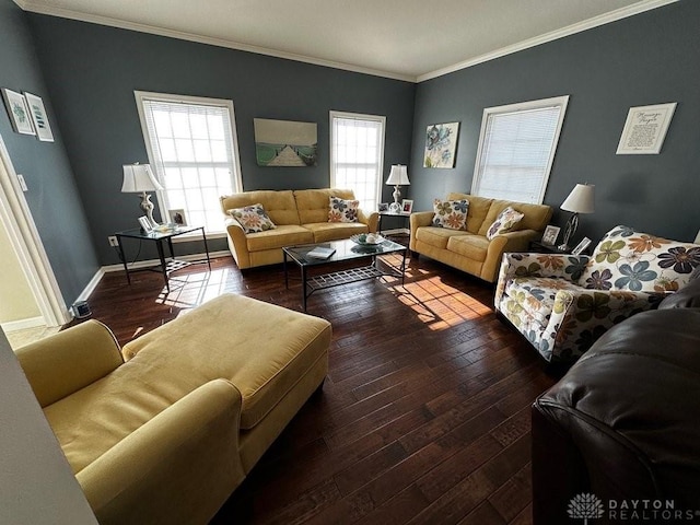 living room with dark hardwood / wood-style flooring and crown molding