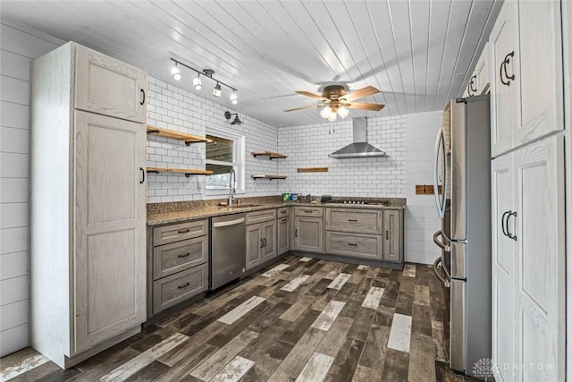 kitchen featuring dark wood-style flooring, open shelves, stainless steel appliances, wall chimney range hood, and wooden ceiling