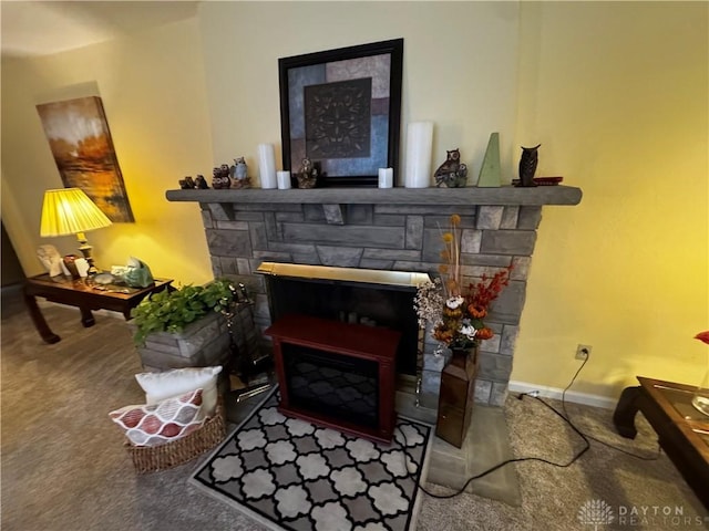 interior space with carpet and a fireplace