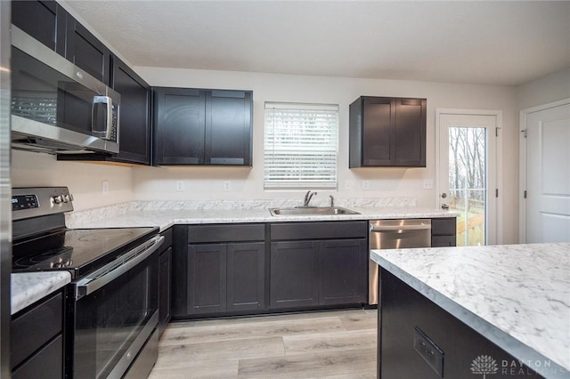 kitchen featuring light stone countertops, sink, light wood-type flooring, and stainless steel appliances