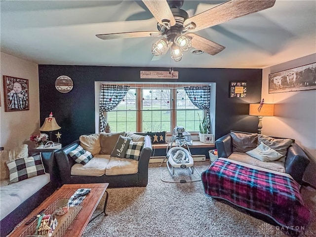 living room featuring carpet flooring and ceiling fan