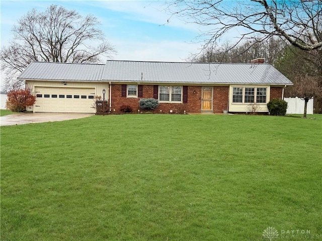 ranch-style home with a front lawn and a garage