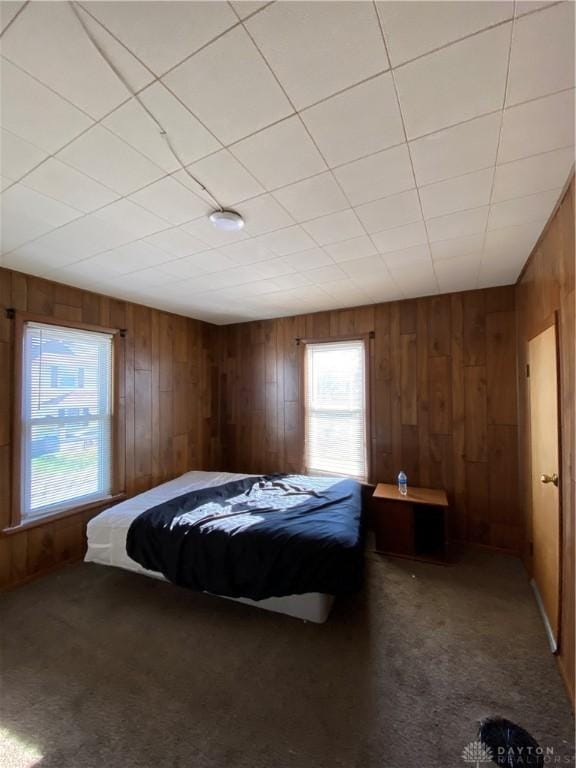 bedroom featuring carpet and wood walls