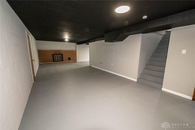 basement featuring a fireplace