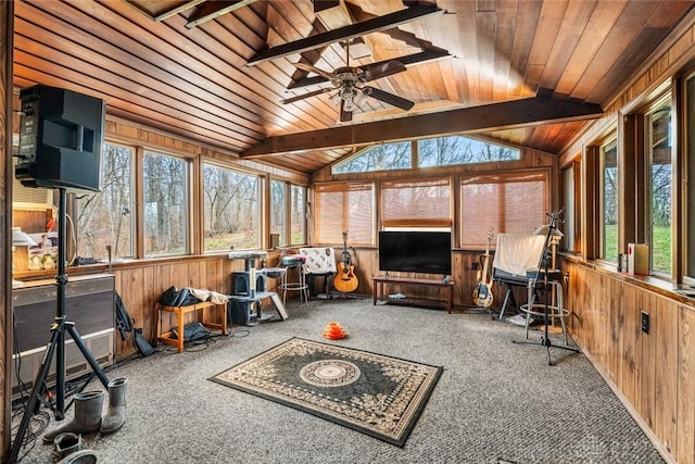 sunroom featuring plenty of natural light, wood ceiling, and vaulted ceiling