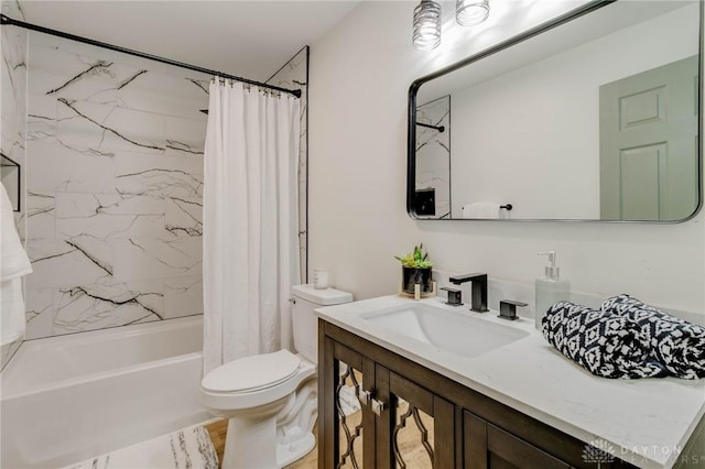 full bathroom with shower / bathtub combination with curtain, vanity, and toilet