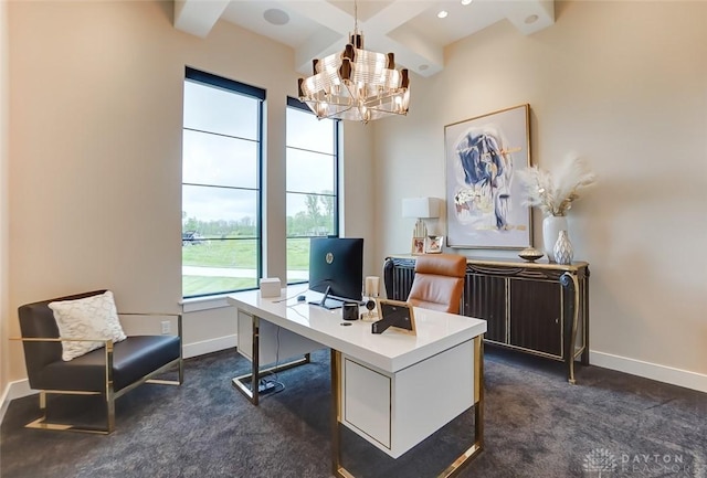 carpeted home office featuring a chandelier and beam ceiling