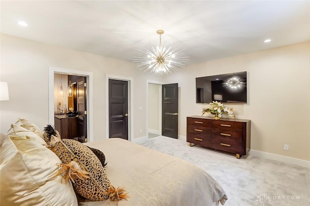 carpeted bedroom featuring a notable chandelier