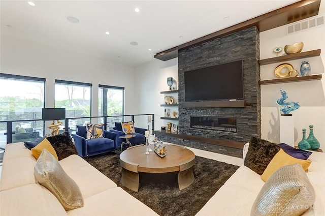 living room with a fireplace