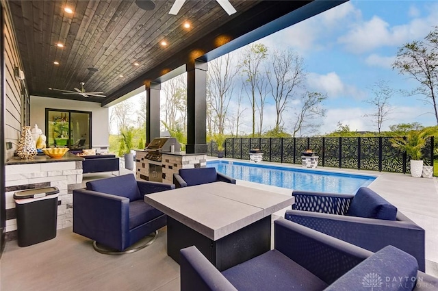 view of swimming pool featuring outdoor lounge area, ceiling fan, a patio area, grilling area, and area for grilling