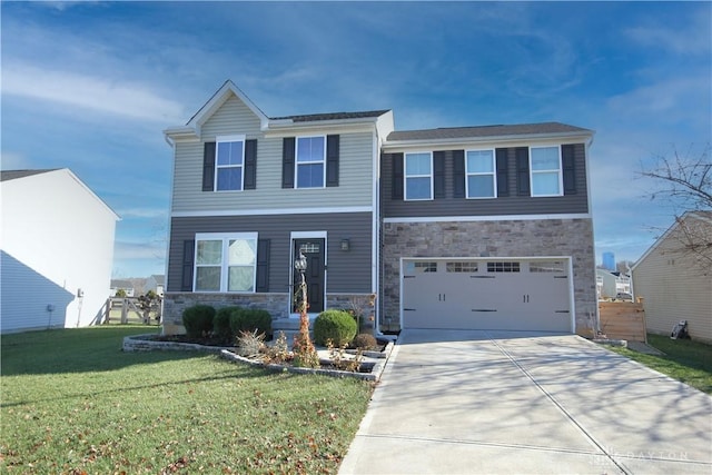 view of front of home with a garage and a front lawn