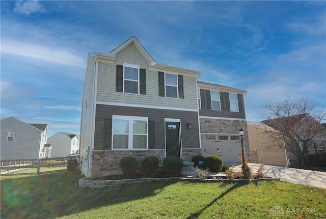 view of front of house featuring a front lawn, central AC unit, and a garage