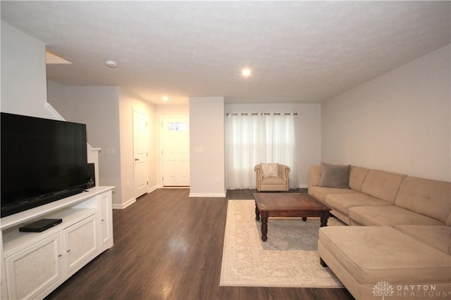 living room with dark hardwood / wood-style flooring