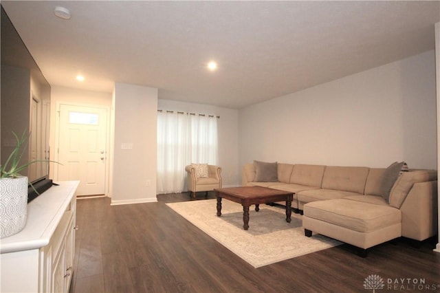 living room with dark wood-type flooring