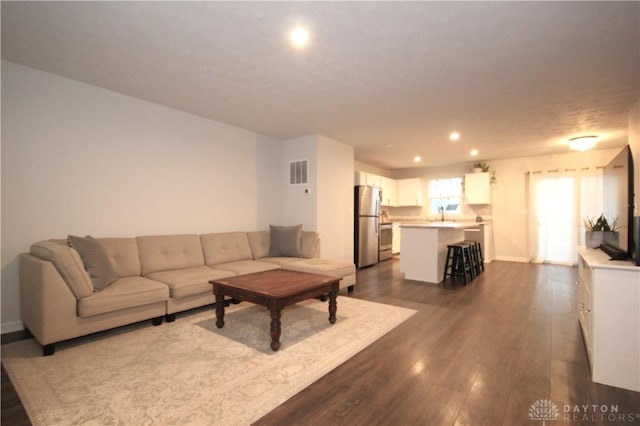 living room featuring dark hardwood / wood-style flooring and sink