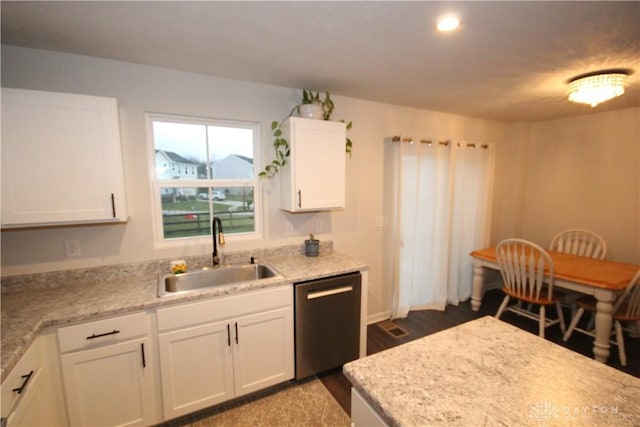 kitchen with white cabinets, stainless steel dishwasher, and sink