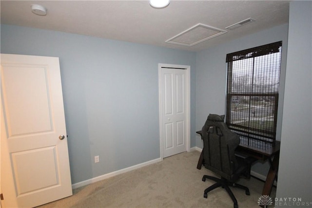 home office featuring light colored carpet