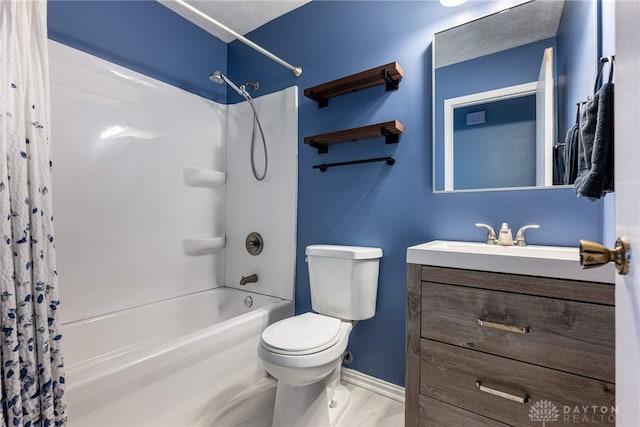 full bathroom featuring shower / bath combination with curtain, toilet, and vanity