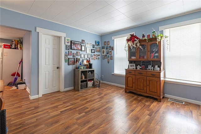 interior space featuring white refrigerator, a wealth of natural light, and dark hardwood / wood-style flooring