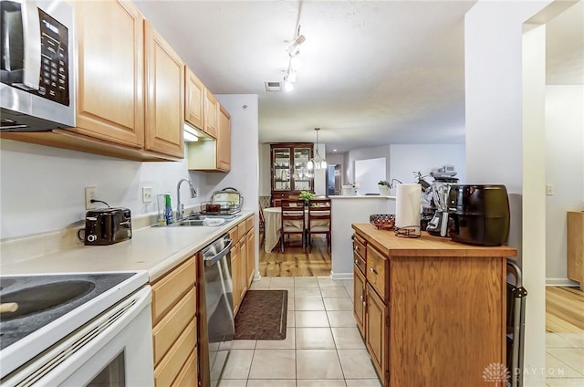 kitchen featuring sink, light hardwood / wood-style floors, a chandelier, pendant lighting, and appliances with stainless steel finishes