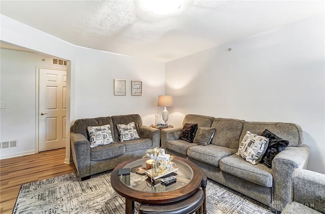 living room with wood-type flooring and a textured ceiling