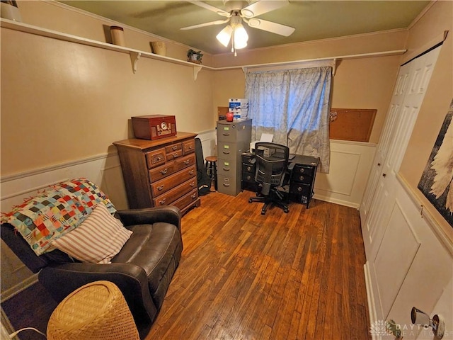 office with ceiling fan and dark hardwood / wood-style floors