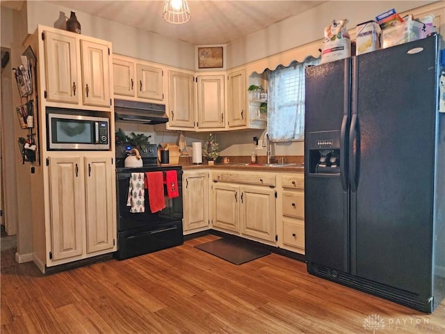 kitchen featuring light wood-type flooring, sink, and black appliances