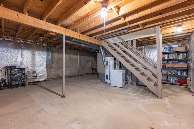 basement with electric panel and electric water heater