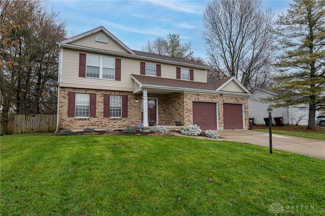 traditional home with brick siding, concrete driveway, an attached garage, a front yard, and fence