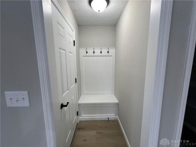 mudroom featuring a textured ceiling and light hardwood / wood-style flooring