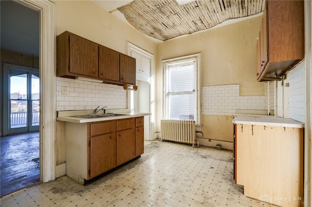 kitchen featuring decorative backsplash, sink, and radiator